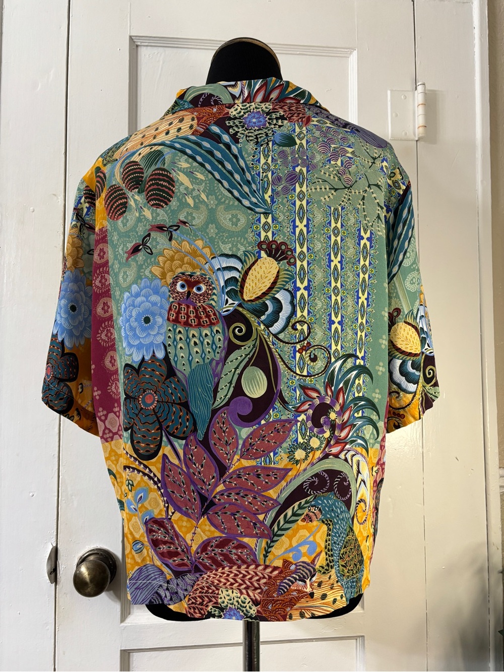 Johnny Was Vibrant Silk Patchwork & Owl Print Blouse - Picture 12 of 15